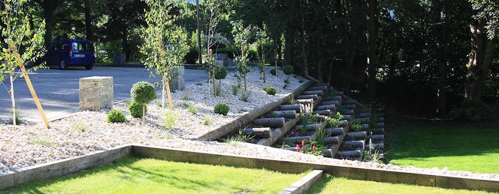 traverses chêne, troènes taillés et bouleaux